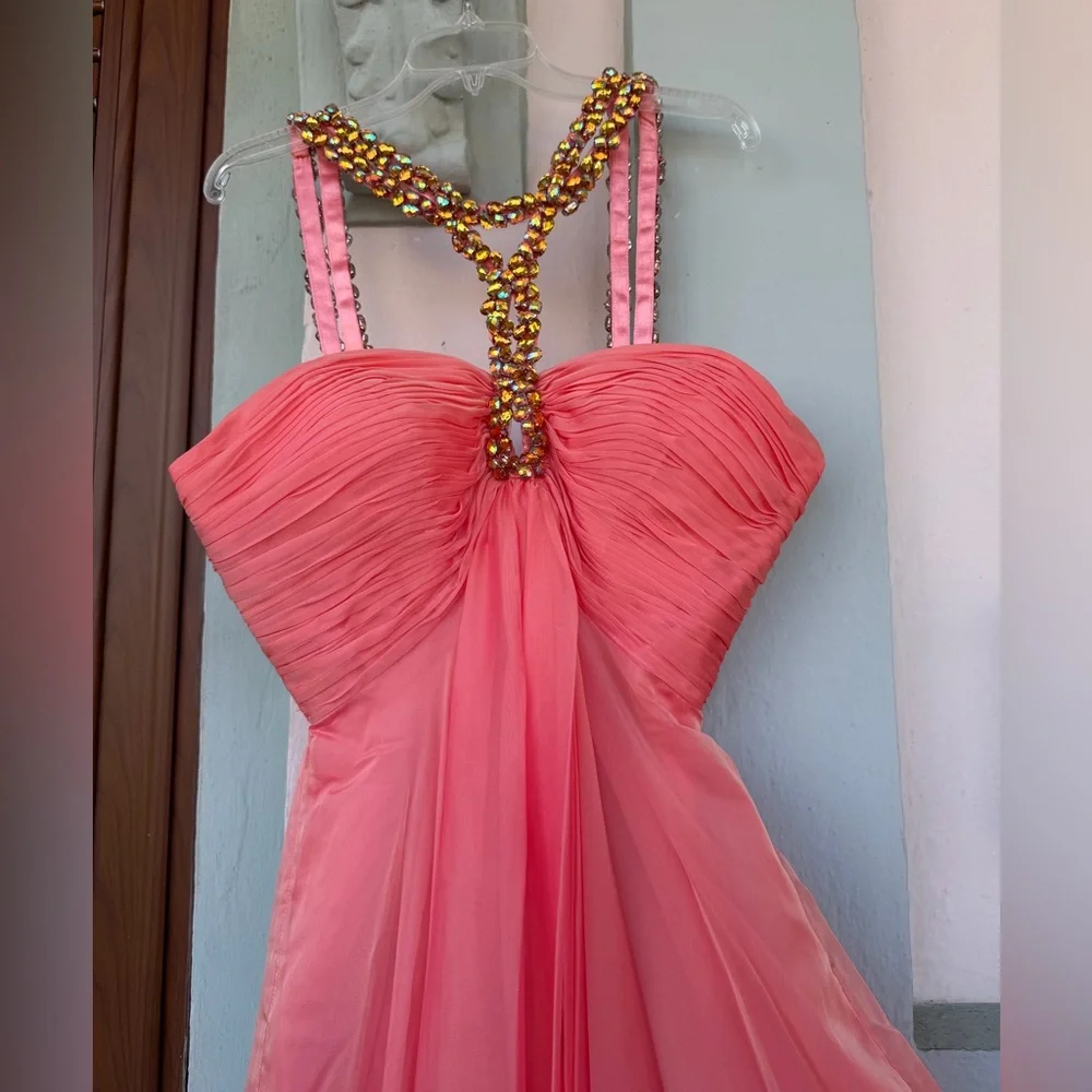 Vintage Salmon Pink Prom Coral Chiffon Dress Beaded Statement Sweetheart 2014 - Picture 8 of 8